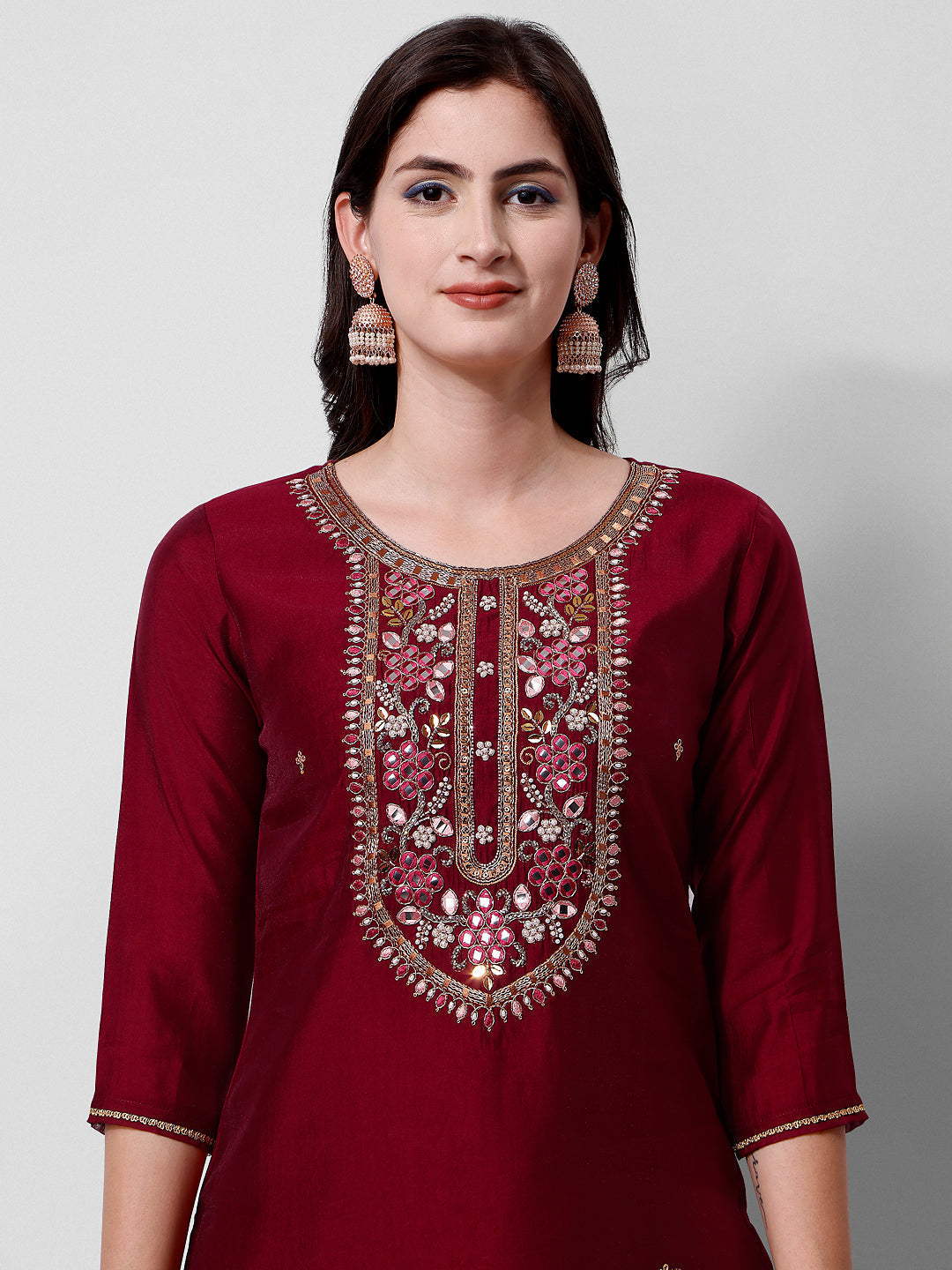 Embroidered Kurta With Pant And Dupatta Set, Multicolor - Hiral Fashion - Distacart