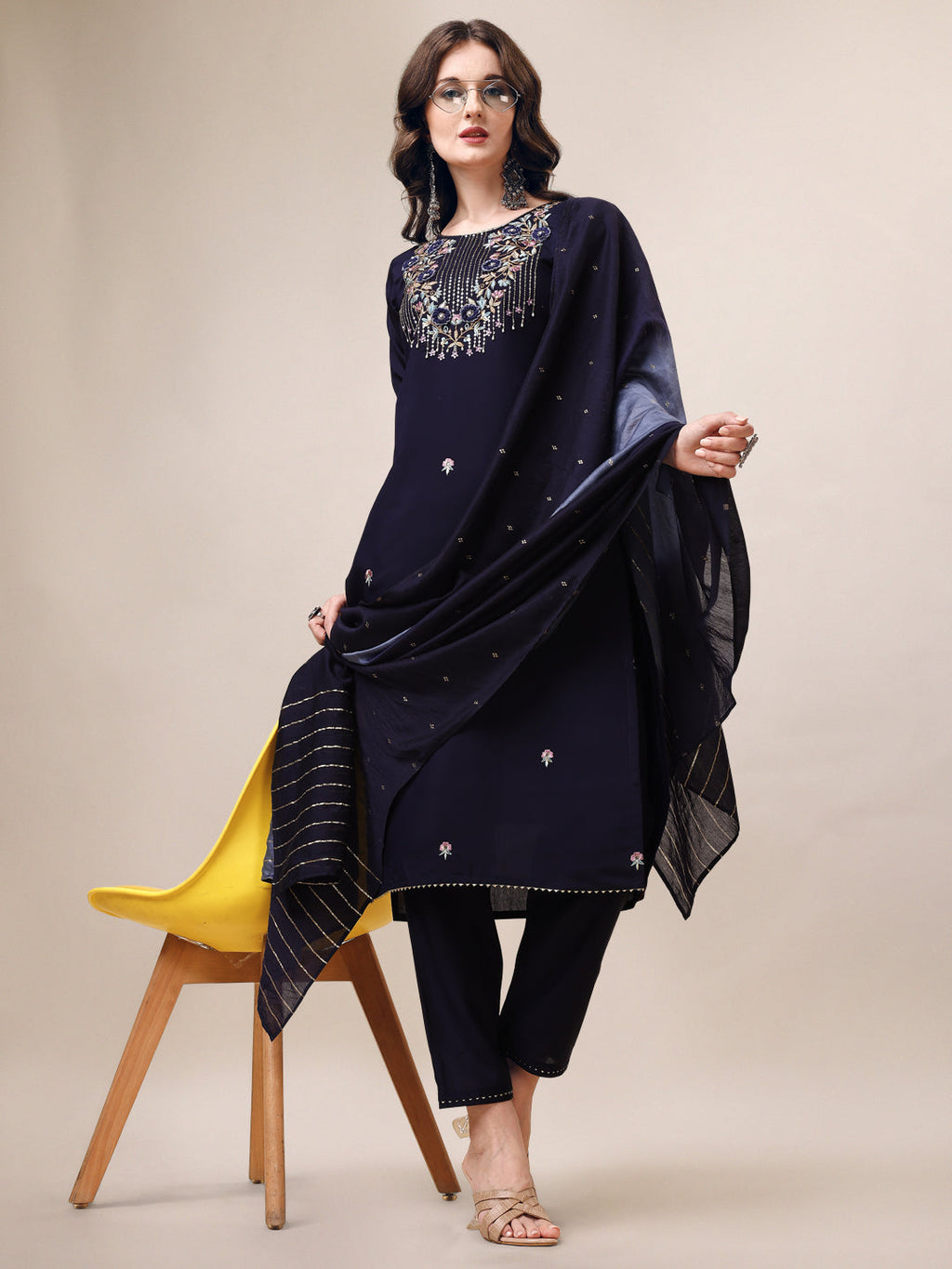 Hand Embroidered Kurta With Pant & Dupatta, Multicolor - Hiral Fashion - Distacart