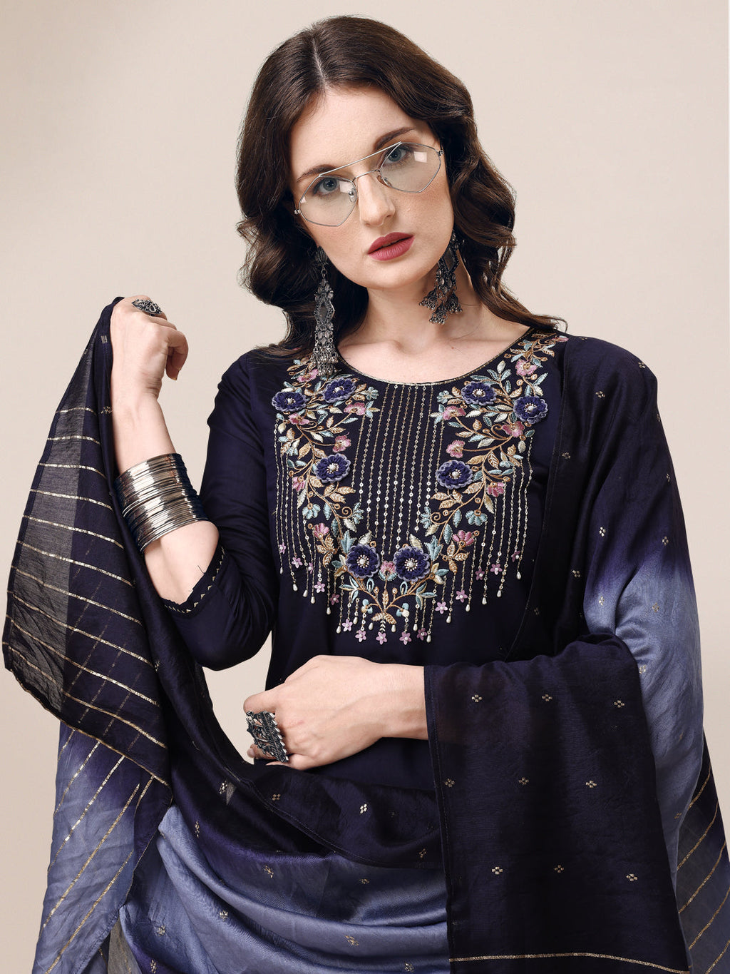 Hand Embroidered Kurta With Pant & Dupatta, Multicolor - Hiral Fashion - Distacart