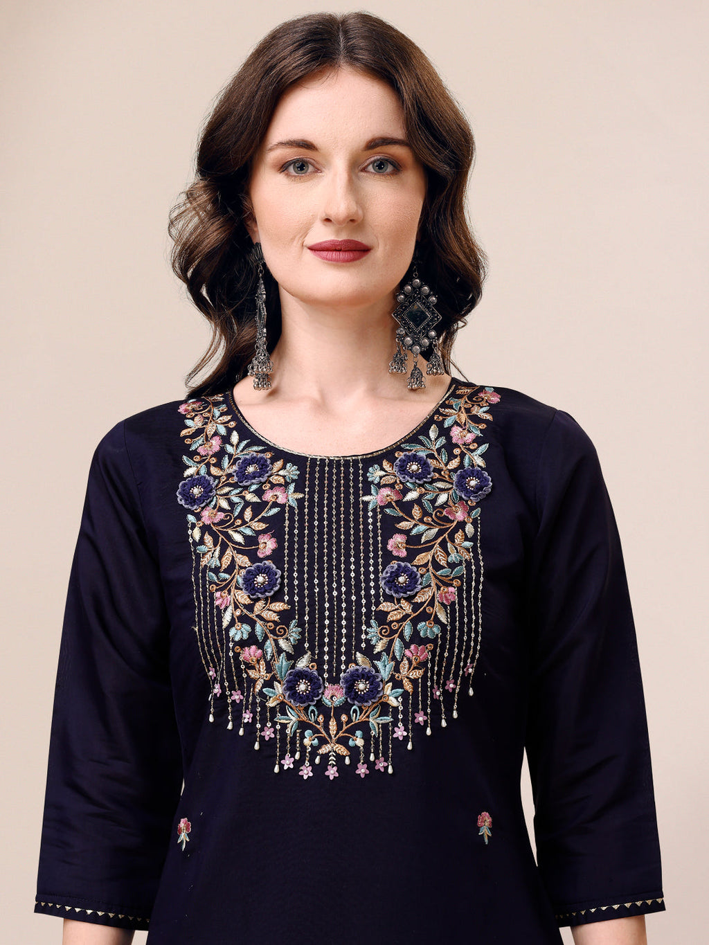 Hand Embroidered Kurta With Pant & Dupatta, Multicolor - Hiral Fashion - Distacart