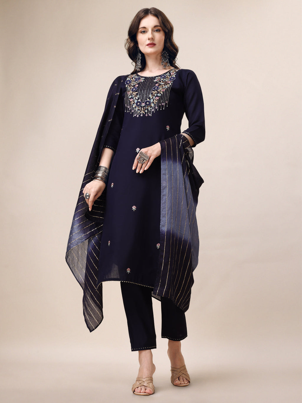 Hand Embroidered Kurta With Pant & Dupatta, Multicolor - Hiral Fashion - Distacart
