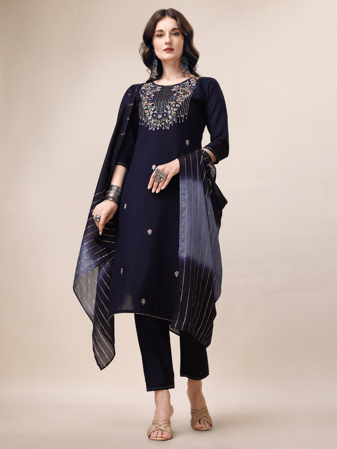 Hand Embroidered Kurta With Pant & Dupatta, Multicolor - Hiral Fashion - Distacart