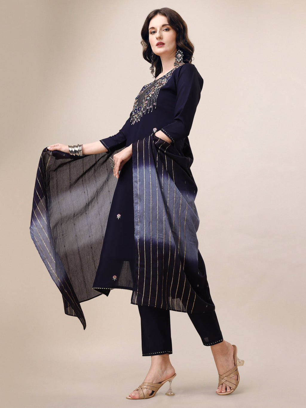 Hand Embroidered Kurta With Pant & Dupatta, Multicolor - Hiral Fashion - Distacart