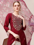 Mirror & Beads Hand Embroidered Kurta With Pant & Printed Organza Dupatta, Multicolor - Hiral Fashion - Distacart