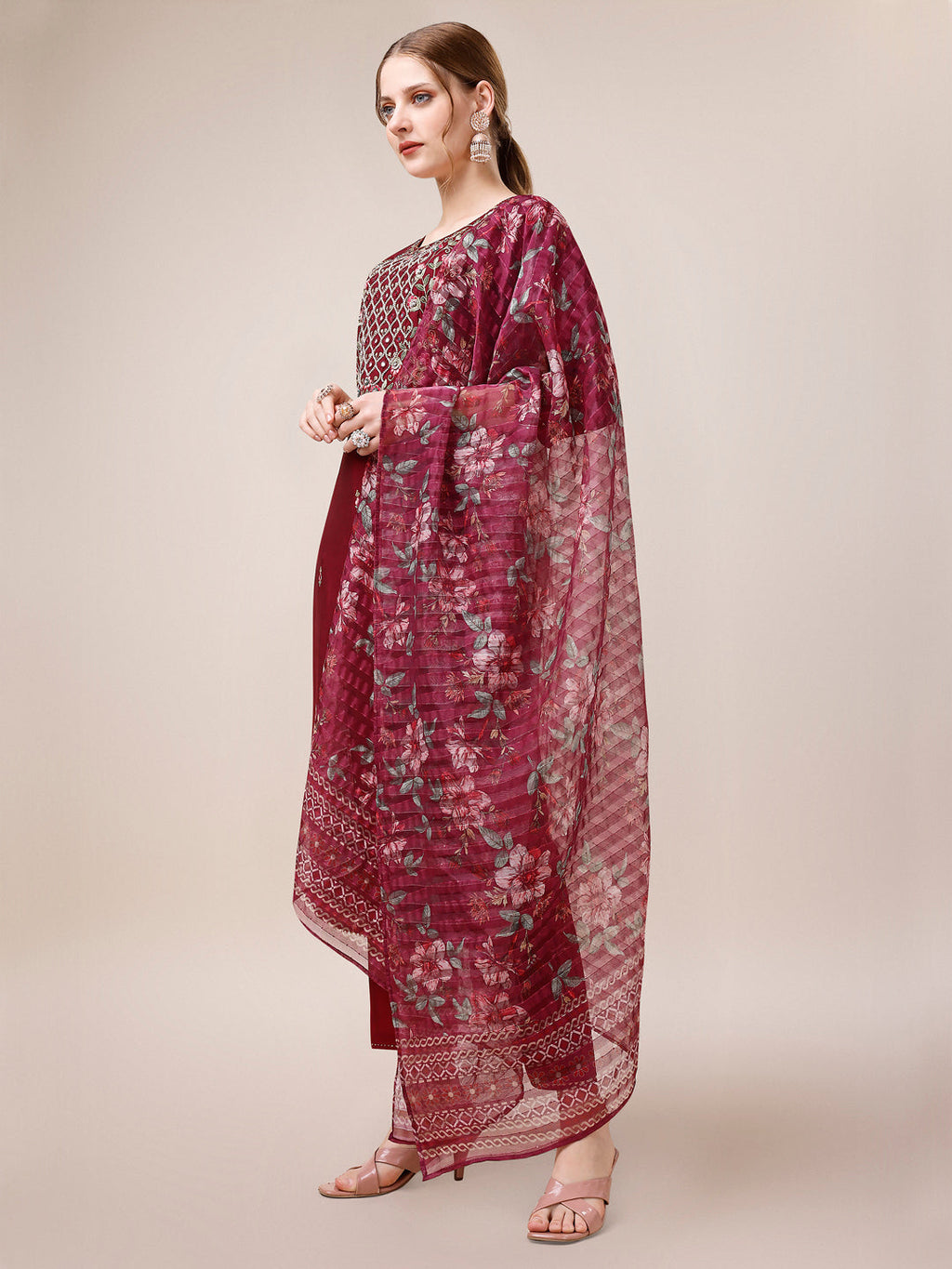 Mirror & Beads Hand Embroidered Kurta With Pant & Printed Organza Dupatta, Multicolor - Hiral Fashion - Distacart