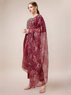 Mirror & Beads Hand Embroidered Kurta With Pant & Printed Organza Dupatta, Multicolor - Hiral Fashion - Distacart