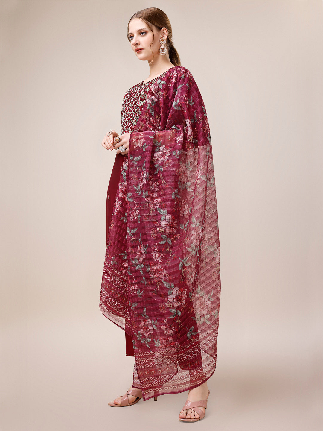 Mirror & Beads Hand Embroidered Kurta With Pant & Printed Organza Dupatta, Multicolor - Hiral Fashion - Distacart