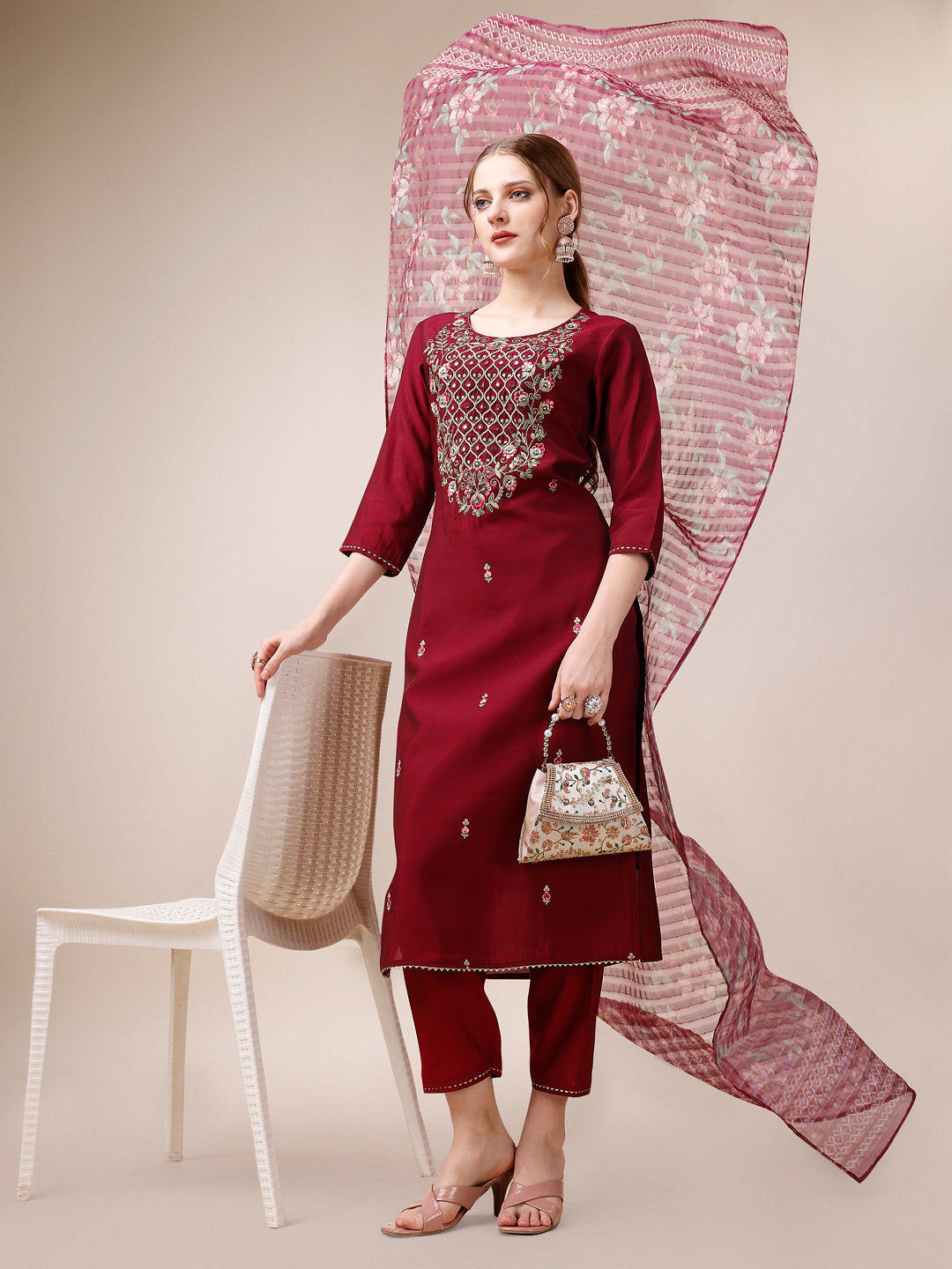 Mirror & Beads Hand Embroidered Kurta With Pant & Printed Organza Dupatta, Multicolor - Hiral Fashion - Distacart