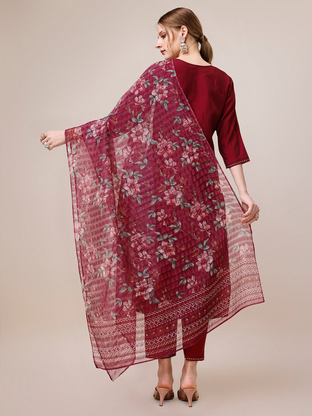 Mirror & Beads Hand Embroidered Kurta With Pant & Printed Organza Dupatta, Multicolor - Hiral Fashion - Distacart