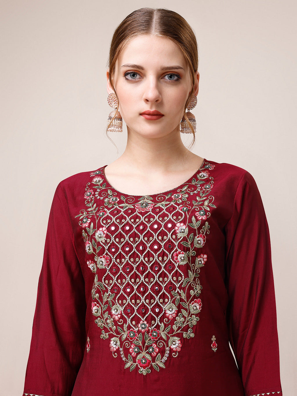 Mirror & Beads Hand Embroidered Kurta With Pant & Printed Organza Dupatta, Multicolor - Hiral Fashion - Distacart