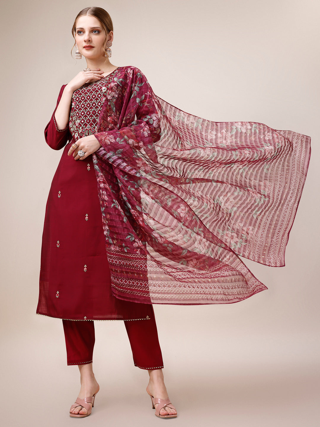 Mirror & Beads Hand Embroidered Kurta With Pant & Printed Organza Dupatta, Multicolor - Hiral Fashion - Distacart