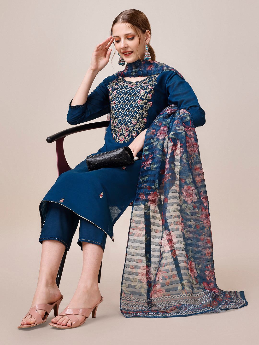 Hand Embroidered Kurta With Pant And Dupatta Set, Multicolor - Hiral Fashion - Distacart