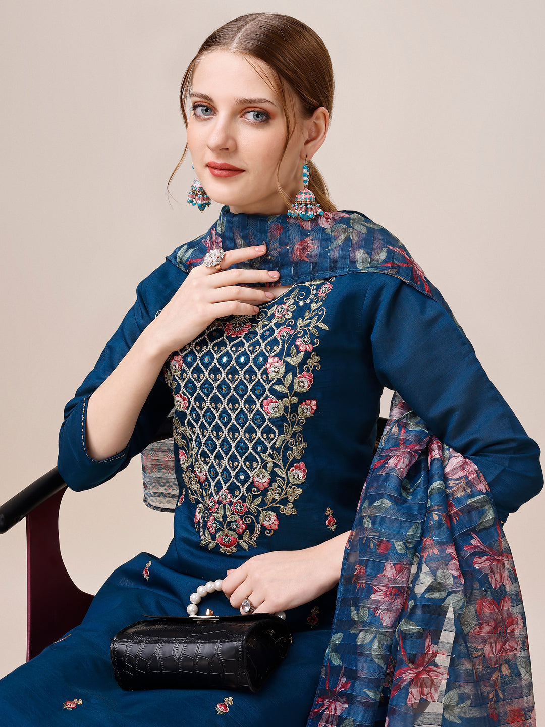Hand Embroidered Kurta With Pant And Dupatta Set, Multicolor - Hiral Fashion - Distacart