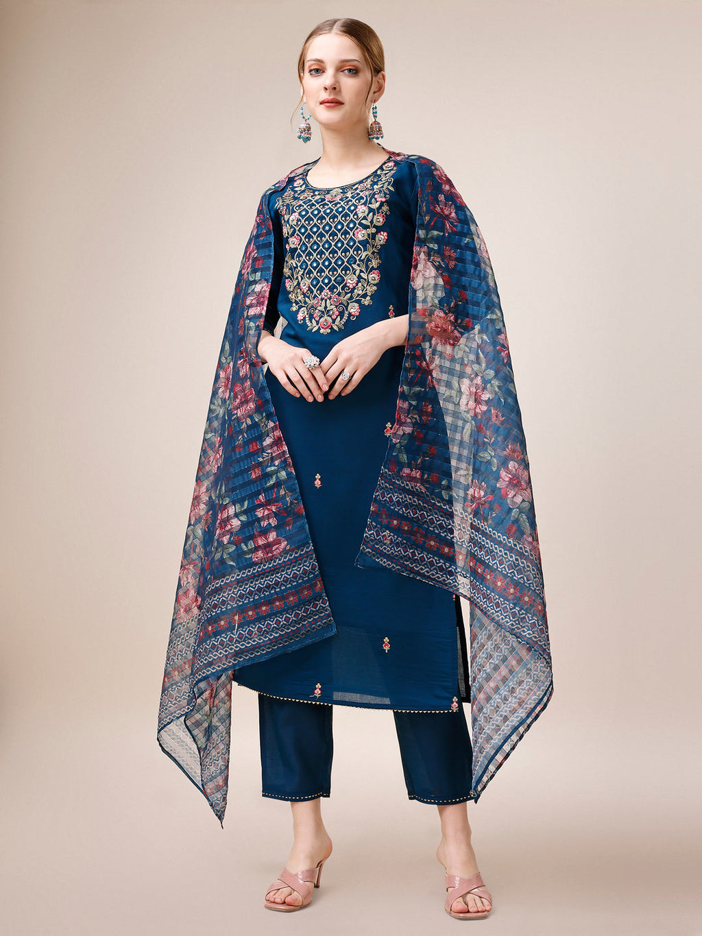 Hand Embroidered Kurta With Pant And Dupatta Set, Multicolor - Hiral Fashion - Distacart