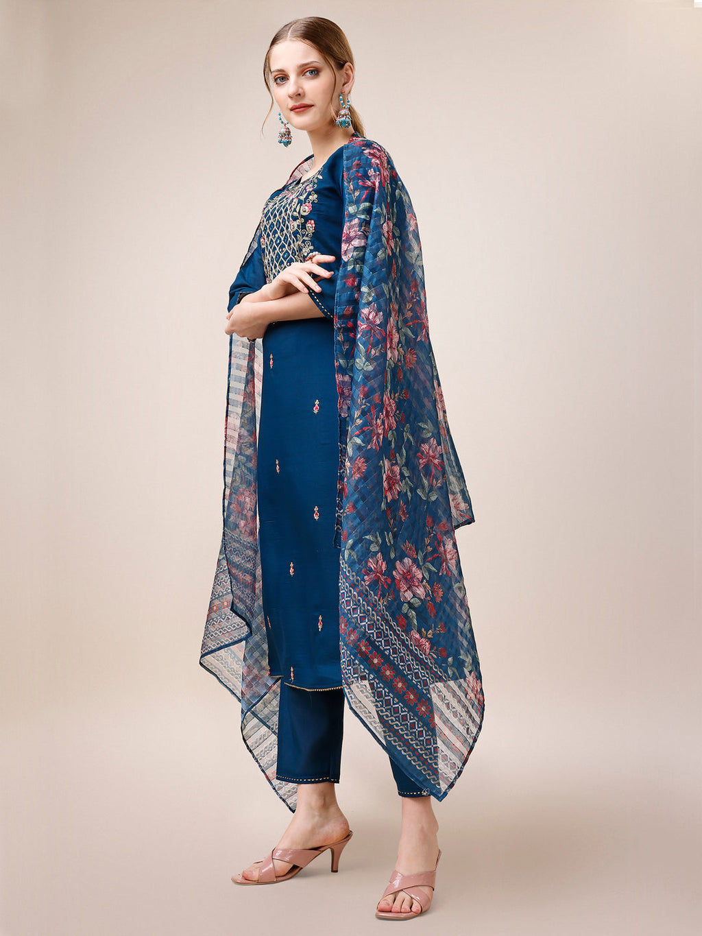 Hand Embroidered Kurta With Pant And Dupatta Set, Multicolor - Hiral Fashion - Distacart