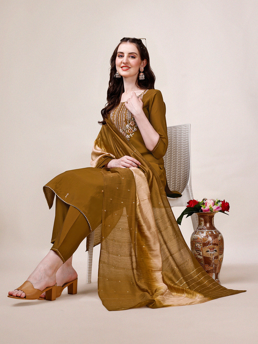 Hand Embroidered Kurta With Pant & Dupatta, Multicolor - Hiral Fashion - Distacart