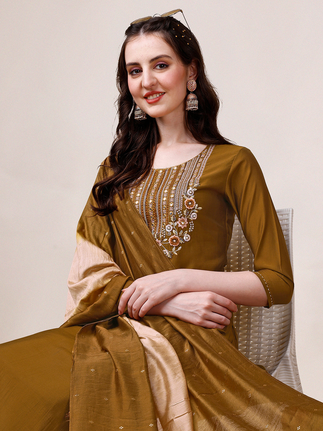 Hand Embroidered Kurta With Pant & Dupatta, Multicolor - Hiral Fashion - Distacart