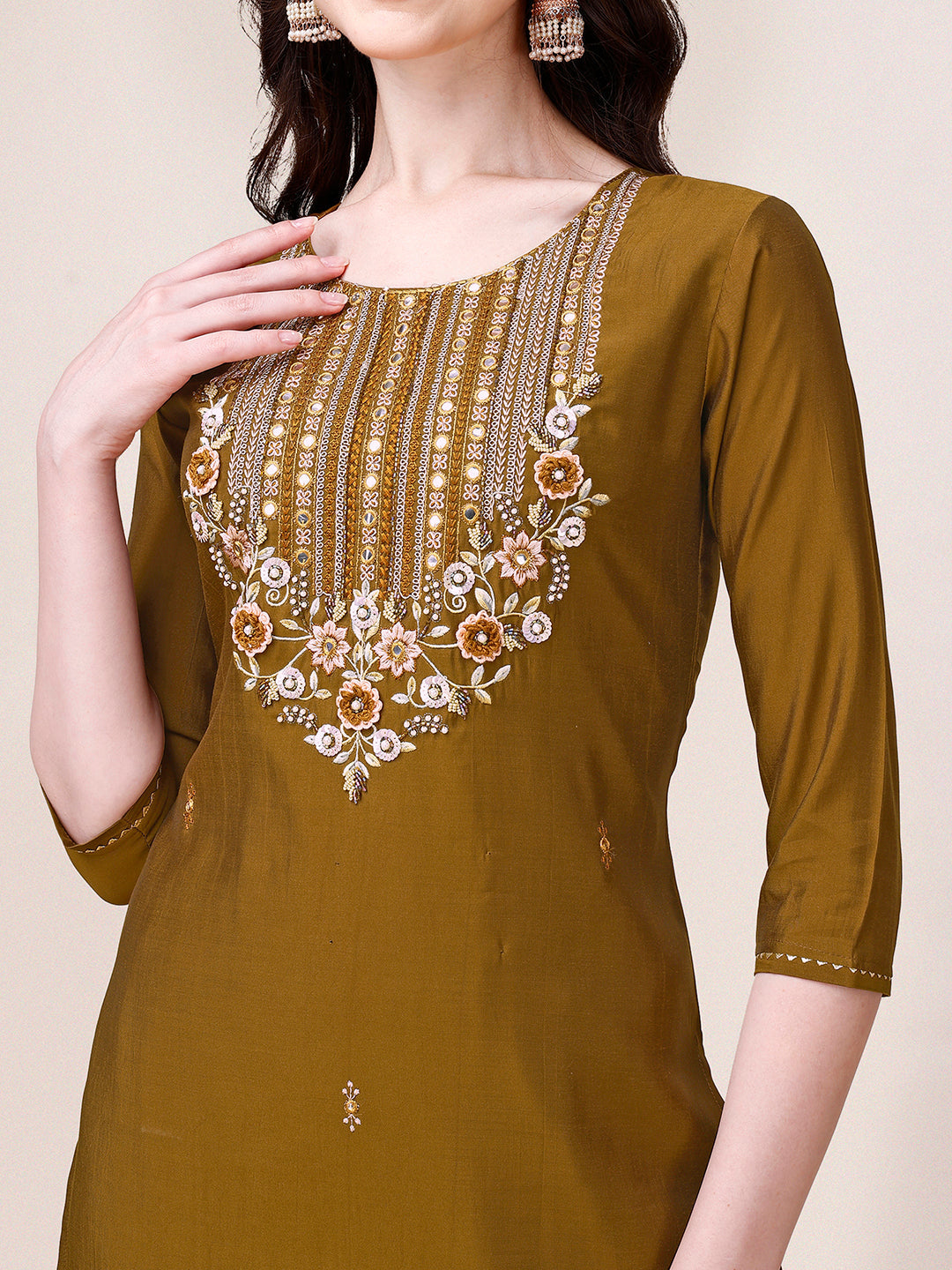 Hand Embroidered Kurta With Pant & Dupatta, Multicolor - Hiral Fashion - Distacart