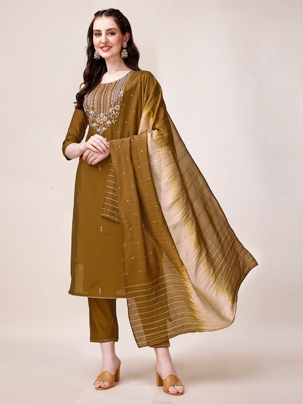 Hand Embroidered Kurta With Pant & Dupatta, Multicolor - Hiral Fashion - Distacart