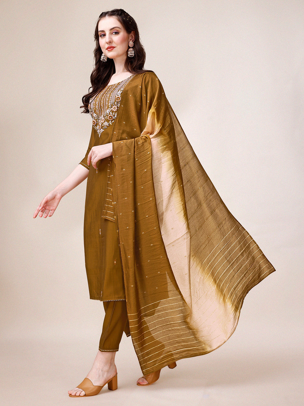 Hand Embroidered Kurta With Pant & Dupatta, Multicolor - Hiral Fashion - Distacart