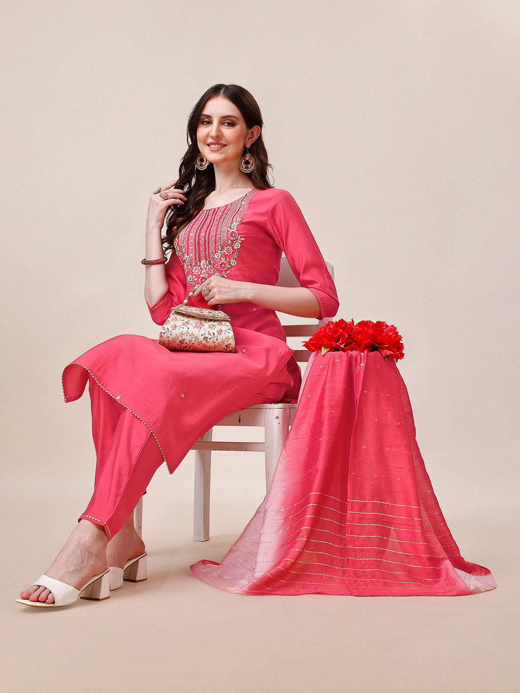 Embroidered Kurta With Pant And Dupatta Set, Multicolor - Hiral Fashion - Distacart