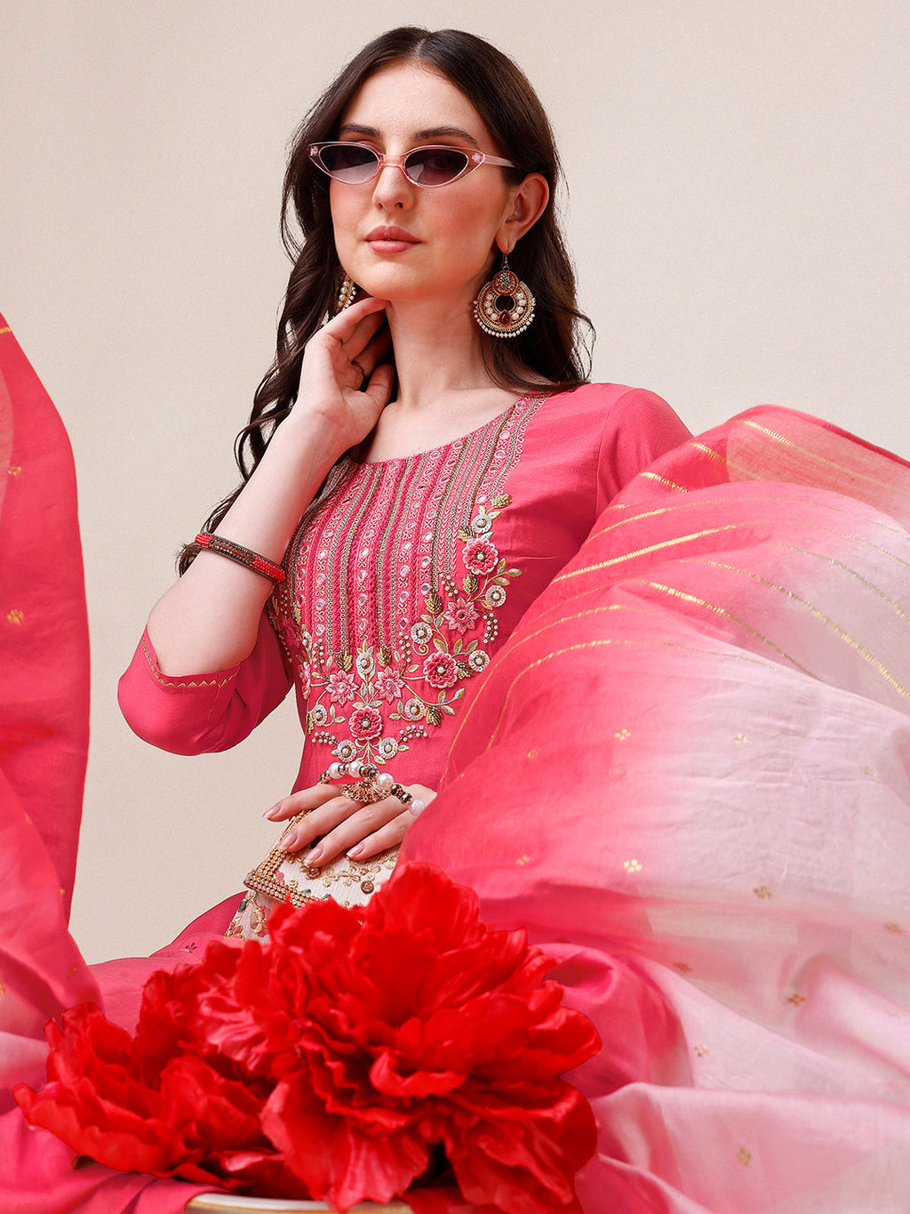 Embroidered Kurta With Pant And Dupatta Set, Multicolor - Hiral Fashion - Distacart
