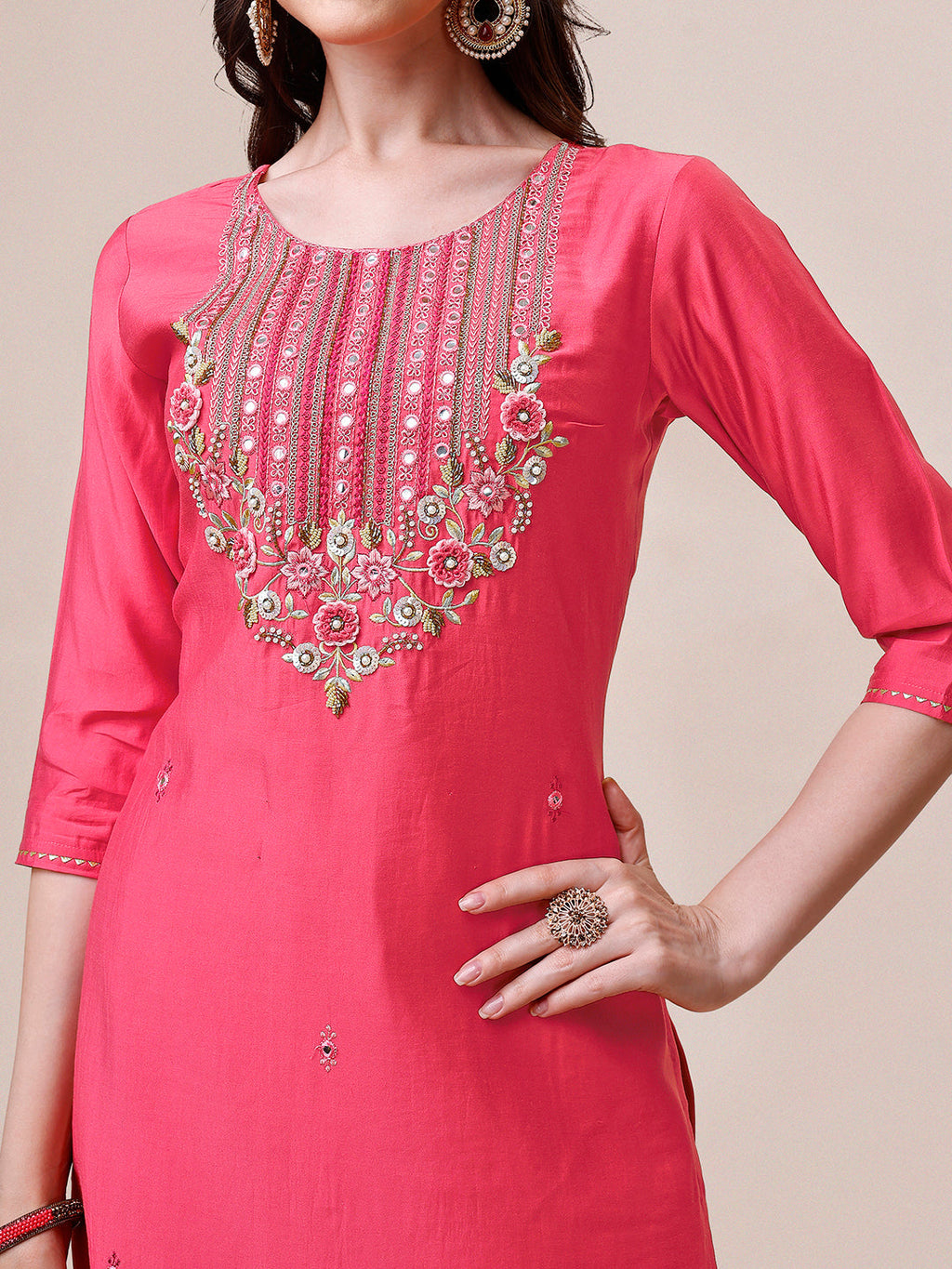 Embroidered Kurta With Pant And Dupatta Set, Multicolor - Hiral Fashion - Distacart