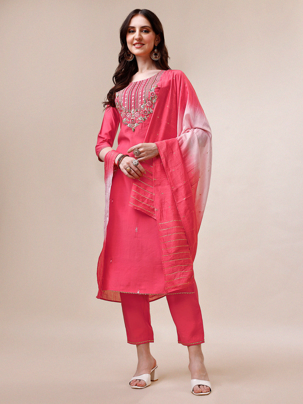 Embroidered Kurta With Pant And Dupatta Set, Multicolor - Hiral Fashion - Distacart