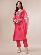 Embroidered Kurta With Pant And Dupatta Set, Multicolor - Hiral Fashion - Distacart