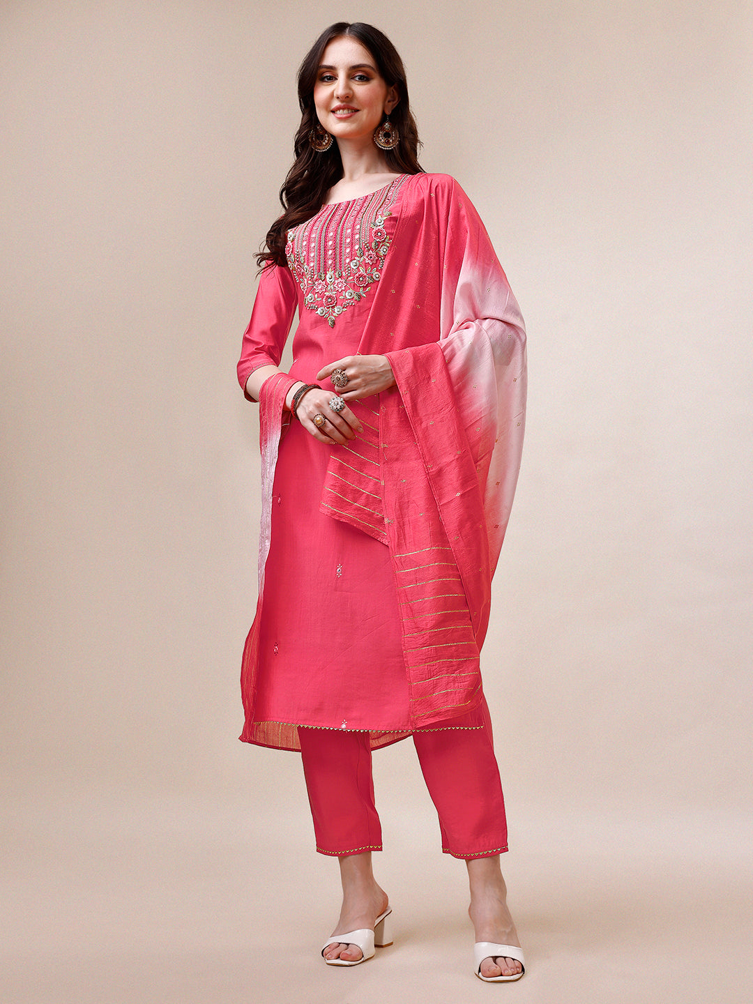 Embroidered Kurta With Pant And Dupatta Set, Multicolor - Hiral Fashion - Distacart