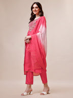 Embroidered Kurta With Pant And Dupatta Set, Multicolor - Hiral Fashion - Distacart