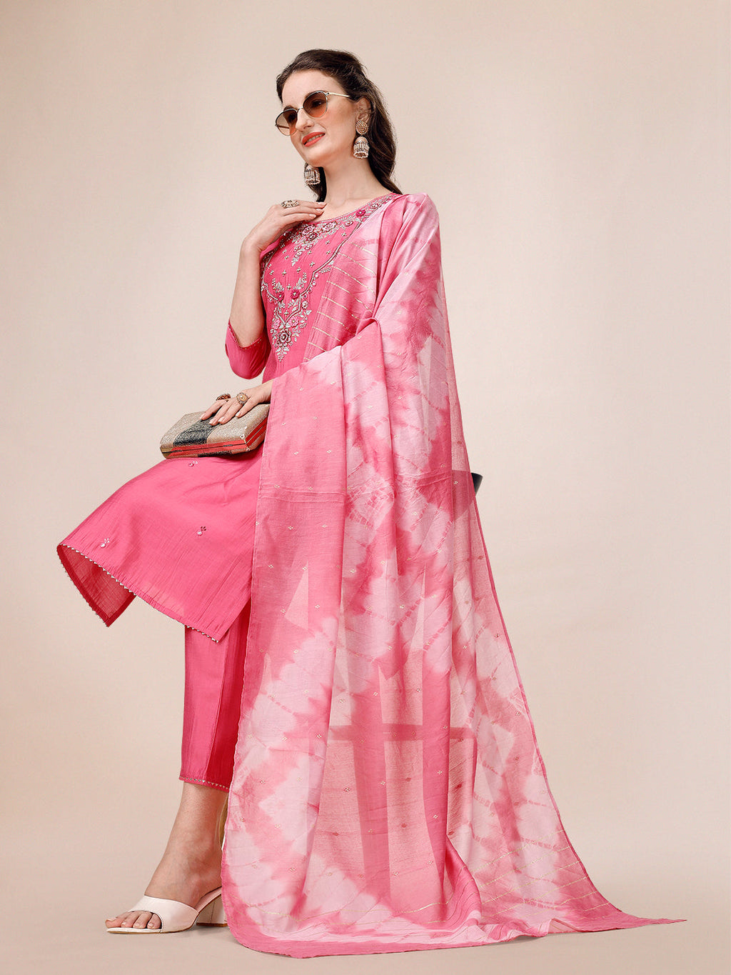 Hand Embroidered & Embroidered Kurta With Pant & 2 Toned Dyed Dupatta, Multicolor - Hiral Fashion - Distacart