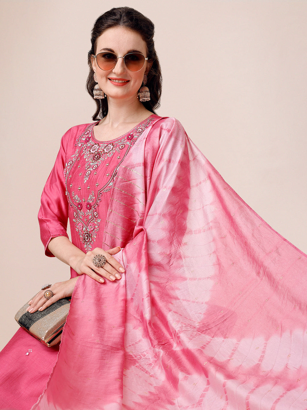 Hand Embroidered & Embroidered Kurta With Pant & 2 Toned Dyed Dupatta, Multicolor - Hiral Fashion - Distacart