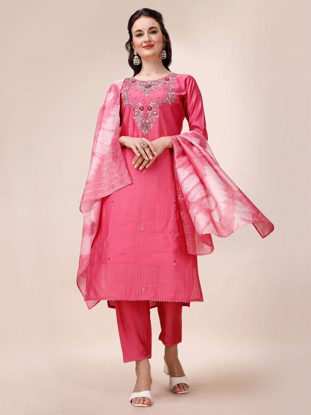 Hand Embroidered & Embroidered Kurta With Pant & 2 Toned Dyed Dupatta, Multicolor - Hiral Fashion - Distacart