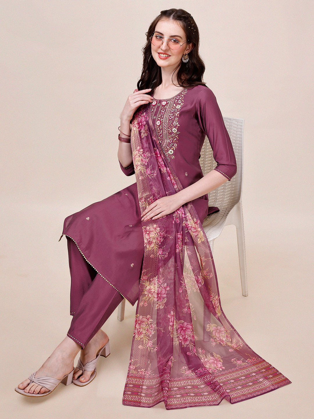 Hand Embroidered Kurta With Pant & Printed Dupatta, Multicolor - Hiral Fashion - Distacart