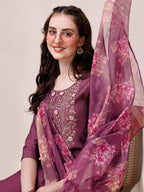 Hand Embroidered Kurta With Pant & Printed Dupatta, Multicolor - Hiral Fashion - Distacart