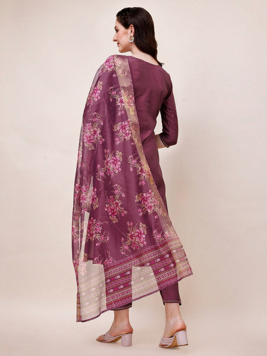 Hand Embroidered Kurta With Pant & Printed Dupatta, Multicolor - Hiral Fashion - Distacart