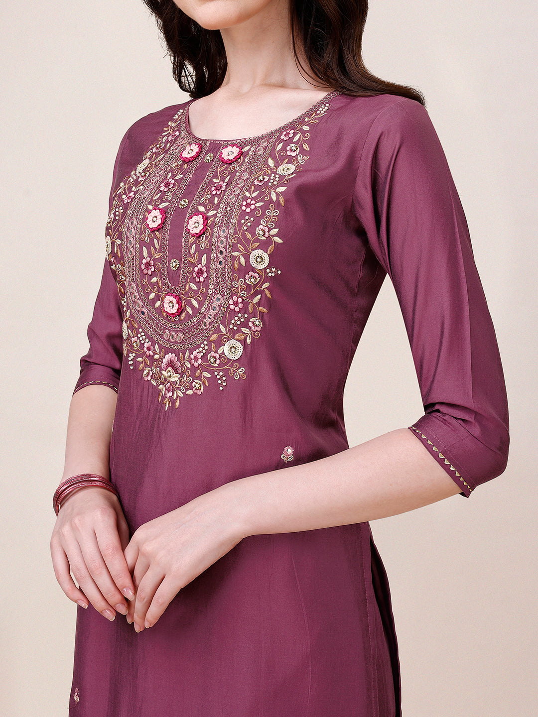 Hand Embroidered Kurta With Pant & Printed Dupatta, Multicolor - Hiral Fashion - Distacart