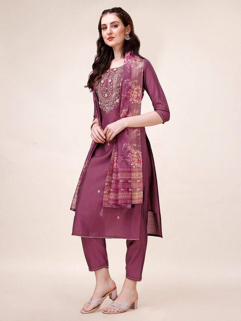 Hand Embroidered Kurta With Pant & Printed Dupatta, Multicolor - Hiral Fashion - Distacart