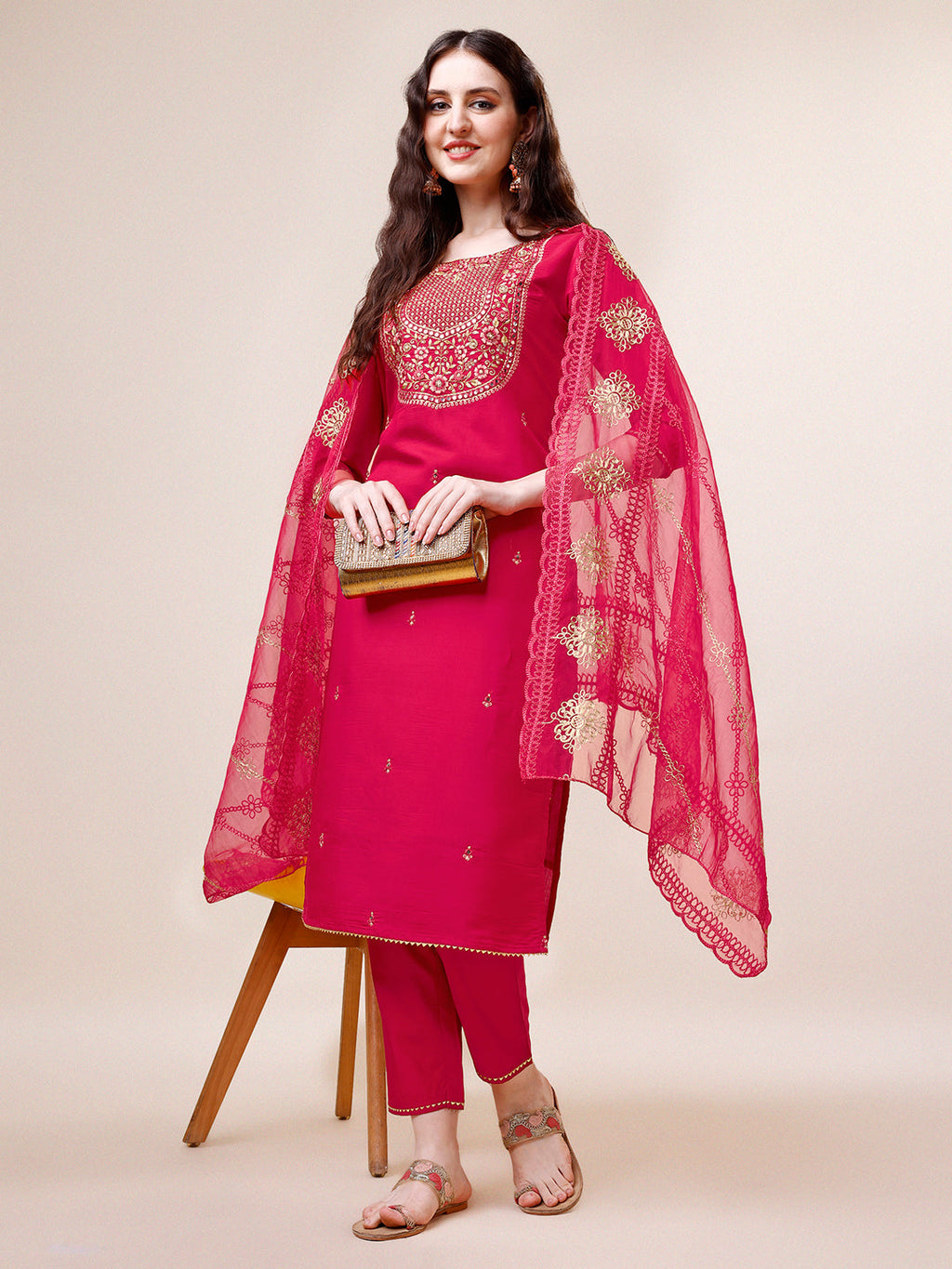Embroidered Kurta With Pant And Dupatta Set, Multicolor - Hiral Fashion - Distacart