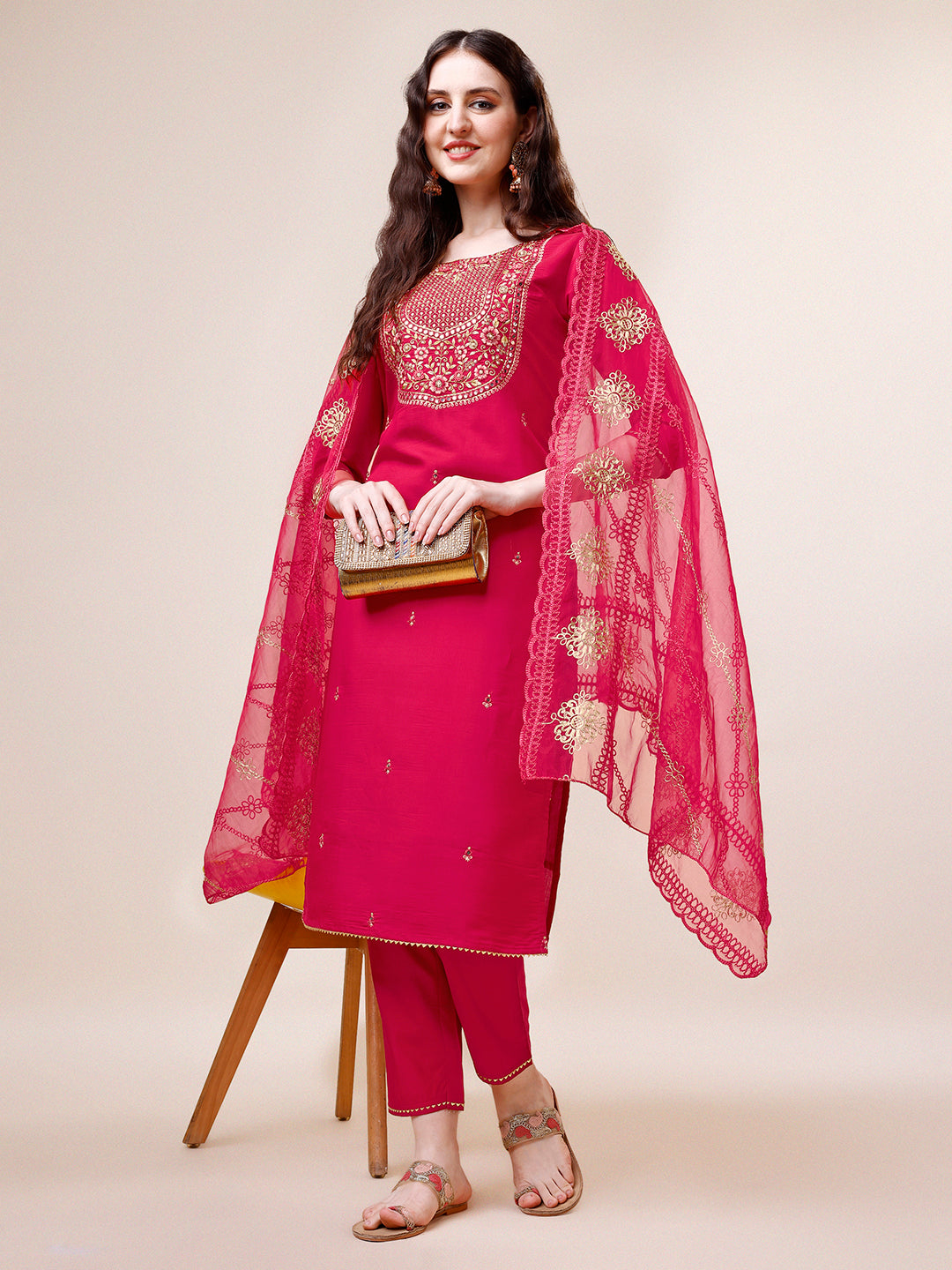 Embroidered Kurta With Pant And Dupatta Set, Multicolor - Hiral Fashion - Distacart