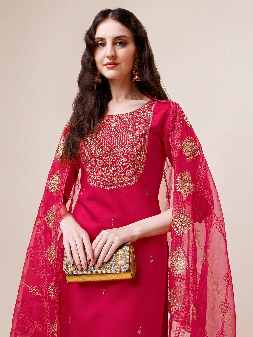 Embroidered Kurta With Pant And Dupatta Set, Multicolor - Hiral Fashion - Distacart