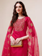 Embroidered Kurta With Pant And Dupatta Set, Multicolor - Hiral Fashion - Distacart