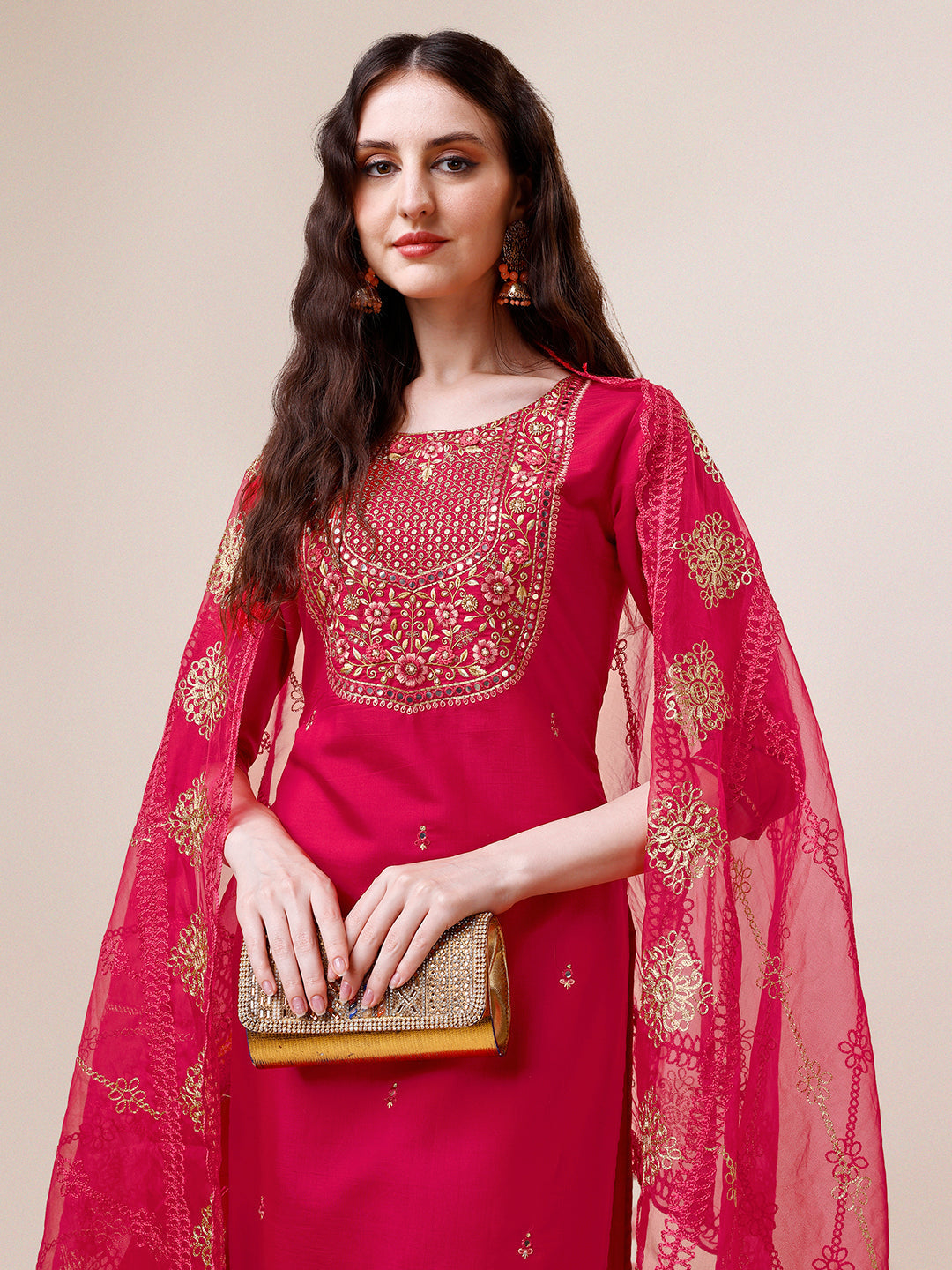 Embroidered Kurta With Pant And Dupatta Set, Multicolor - Hiral Fashion - Distacart