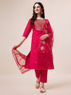 Embroidered Kurta With Pant And Dupatta Set, Multicolor - Hiral Fashion - Distacart