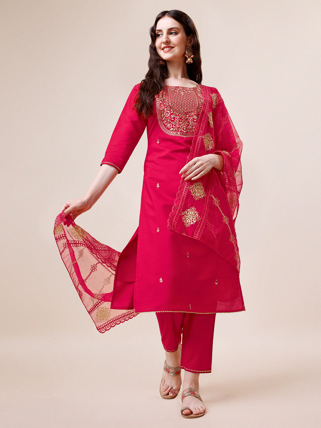 Embroidered Kurta With Pant And Dupatta Set, Multicolor - Hiral Fashion - Distacart