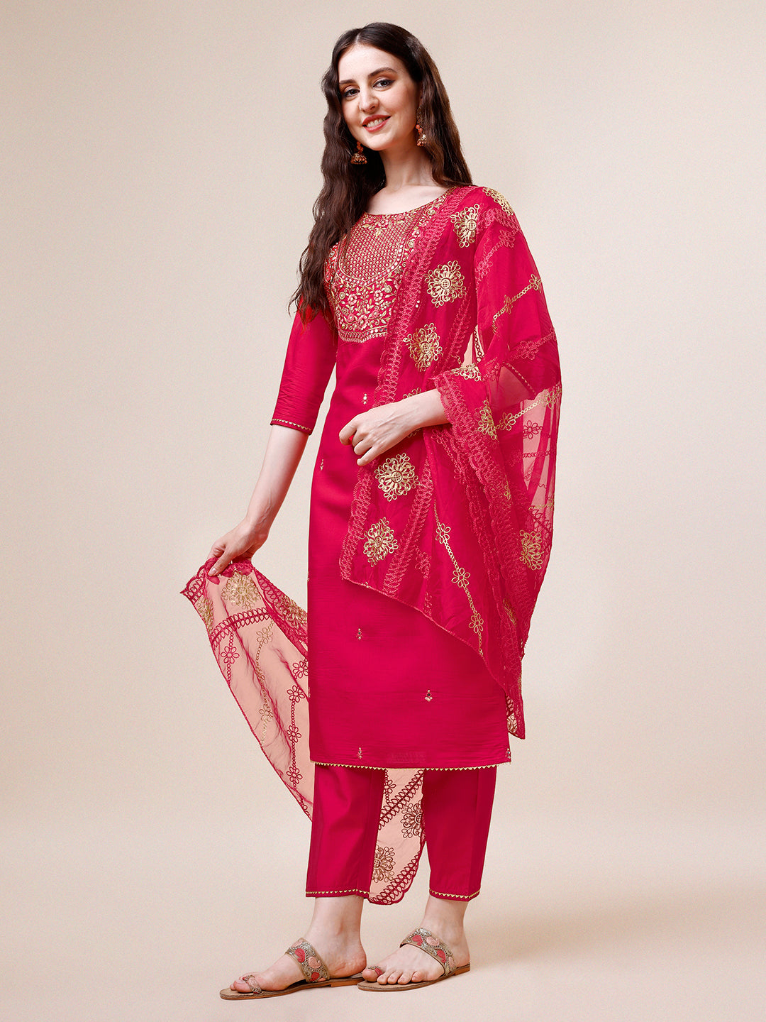 Embroidered Kurta With Pant And Dupatta Set, Multicolor - Hiral Fashion - Distacart
