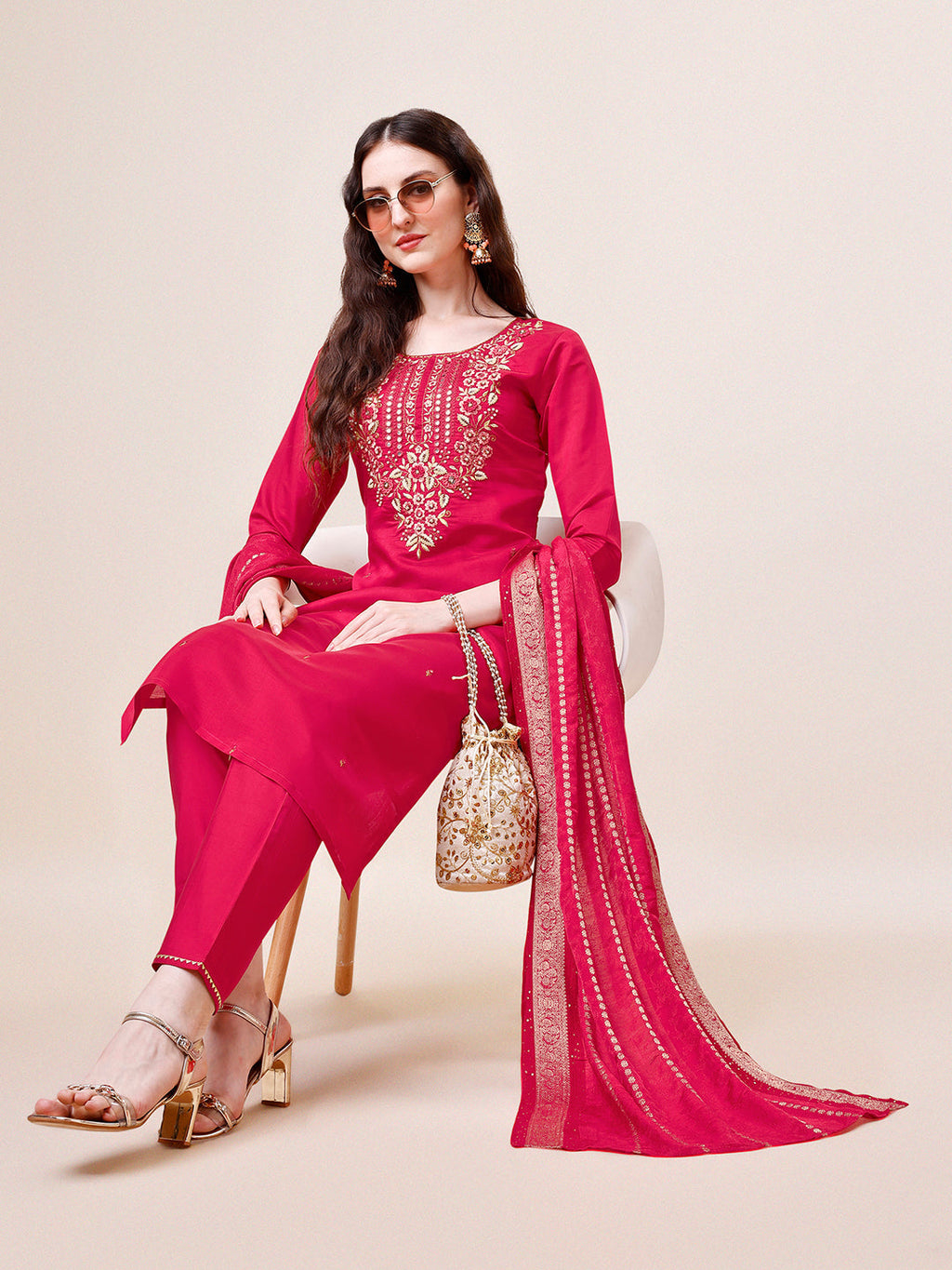 Hand Embroidered Kurta With Pant & Dupatta, Multicolor - Hiral Fashion - Distacart