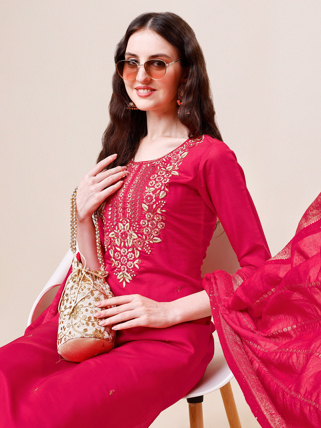 Hand Embroidered Kurta With Pant & Dupatta, Multicolor - Hiral Fashion - Distacart
