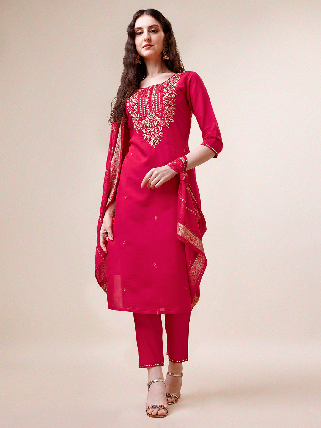 Hand Embroidered Kurta With Pant & Dupatta, Multicolor - Hiral Fashion - Distacart